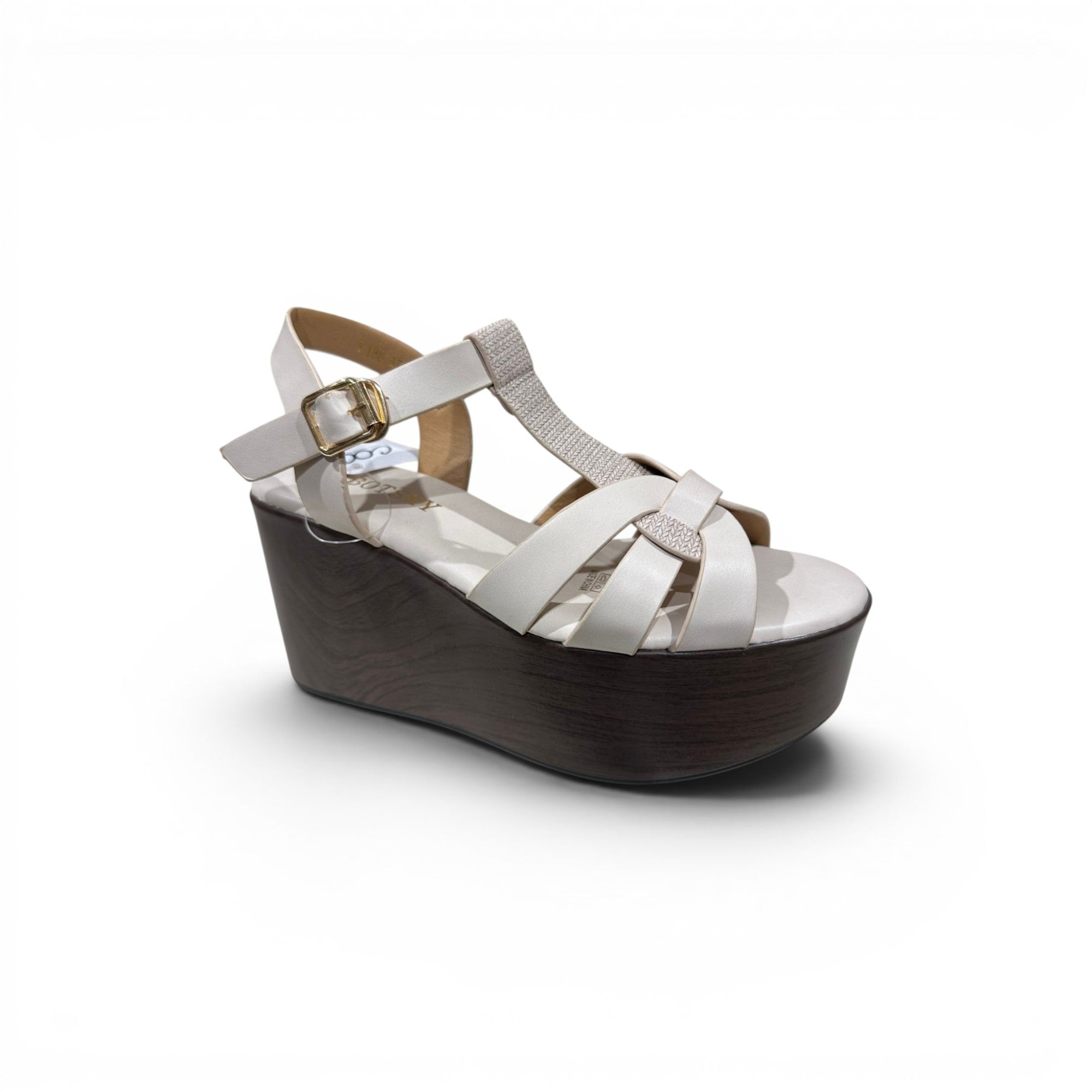 COC Store white platform wedge sandals with strappy upper and wood-effect heel. Features T-strap and ankle buckle.