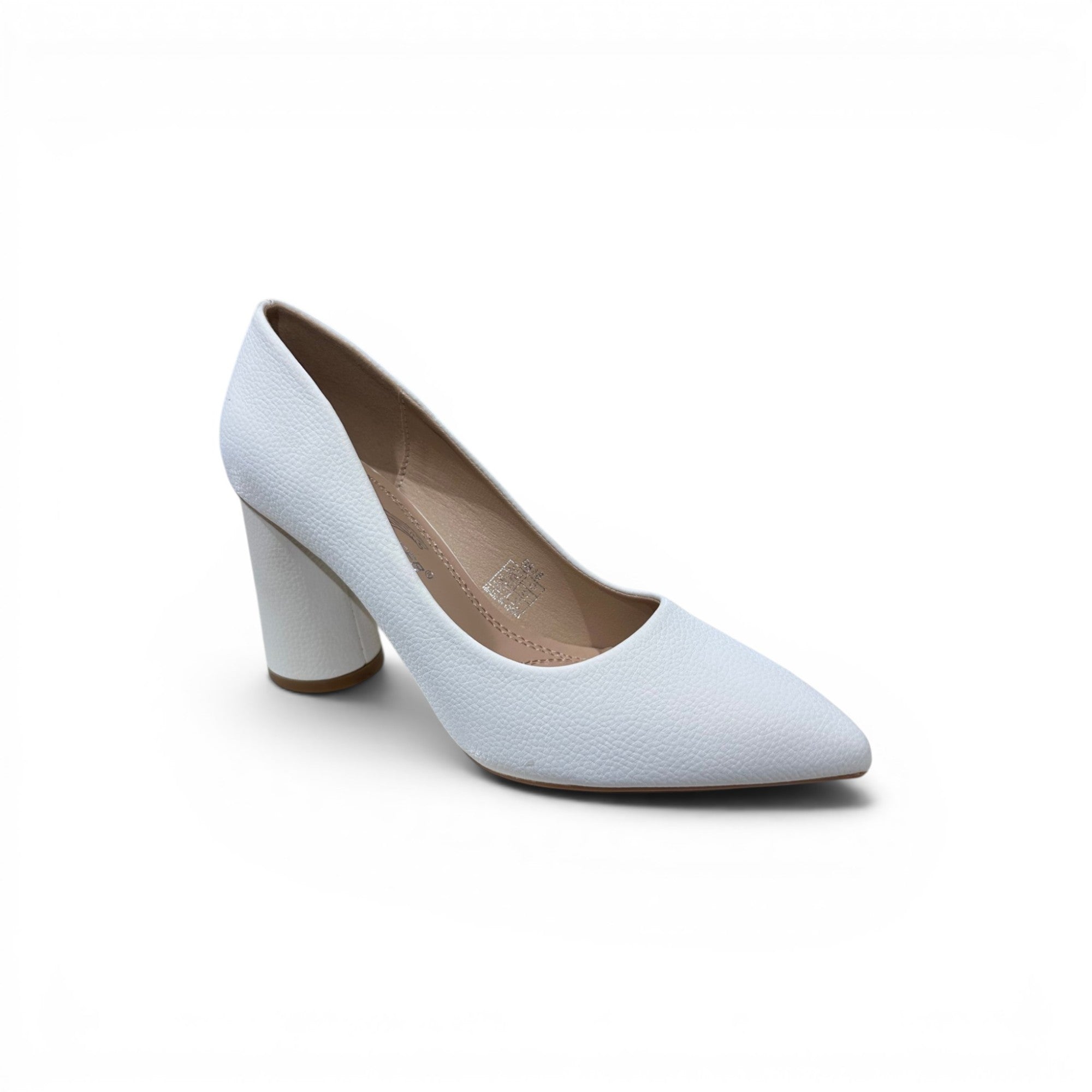 COC Store white textured faux leather pointed toe block heel pumps
