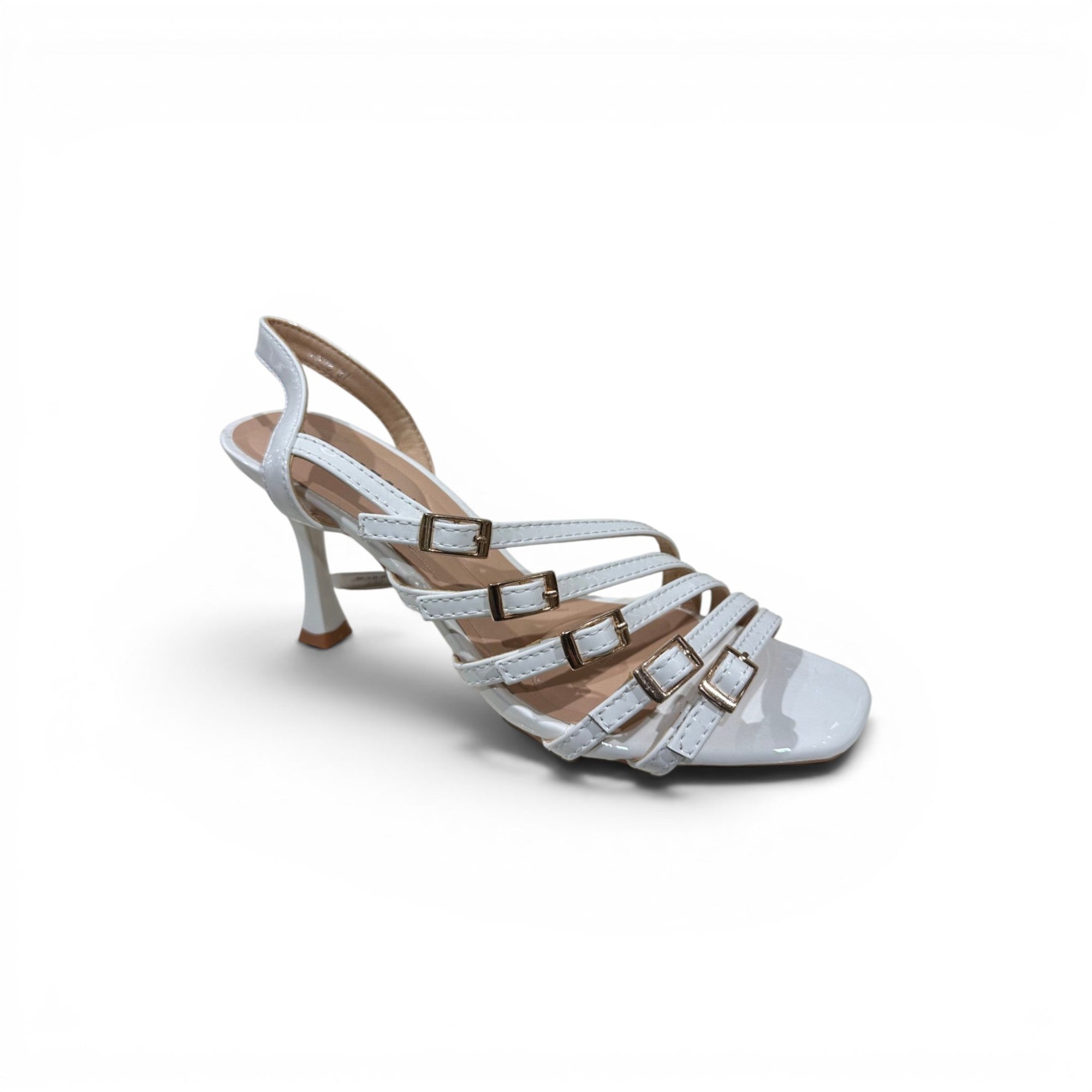 COC Store white patent leather strappy heeled sandals with buckle details and square toe.