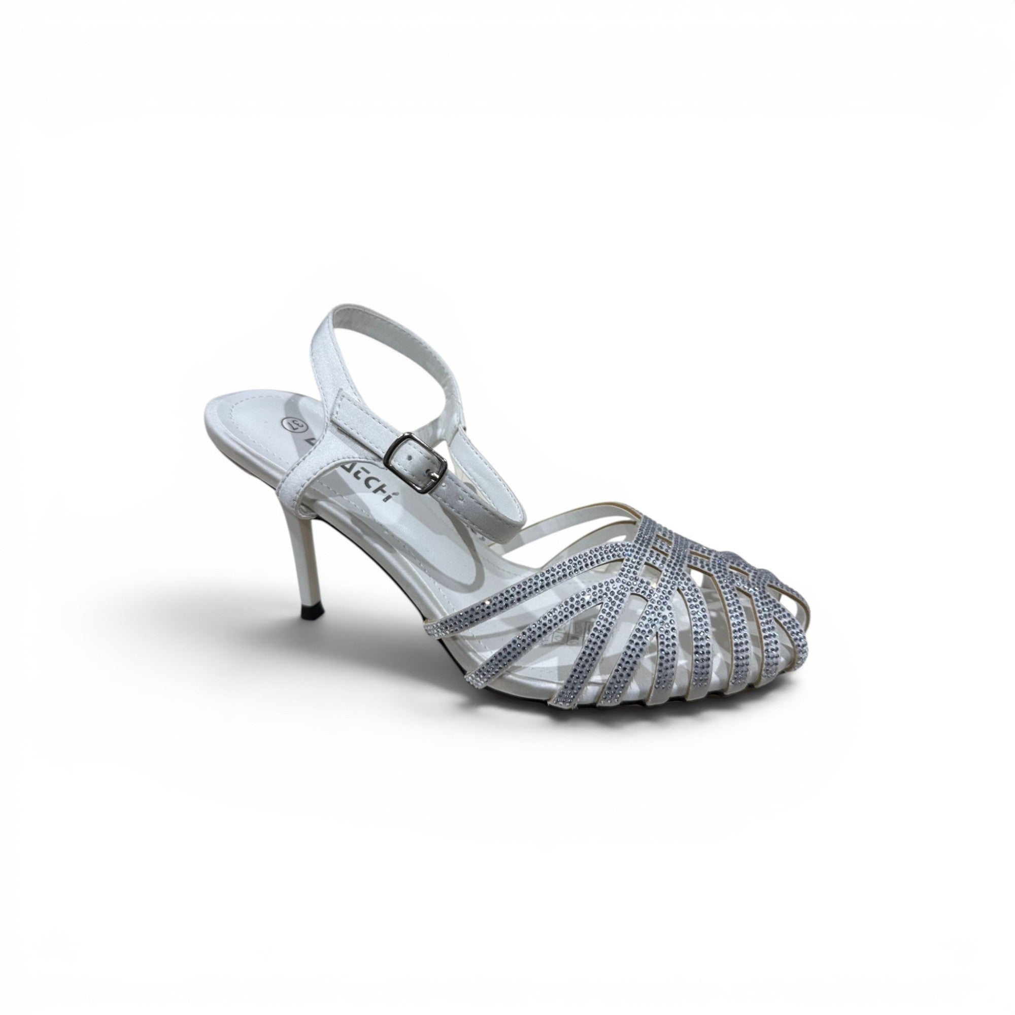 COC Store white strappy embellished heeled sandals with rhinestone details and ankle strap.