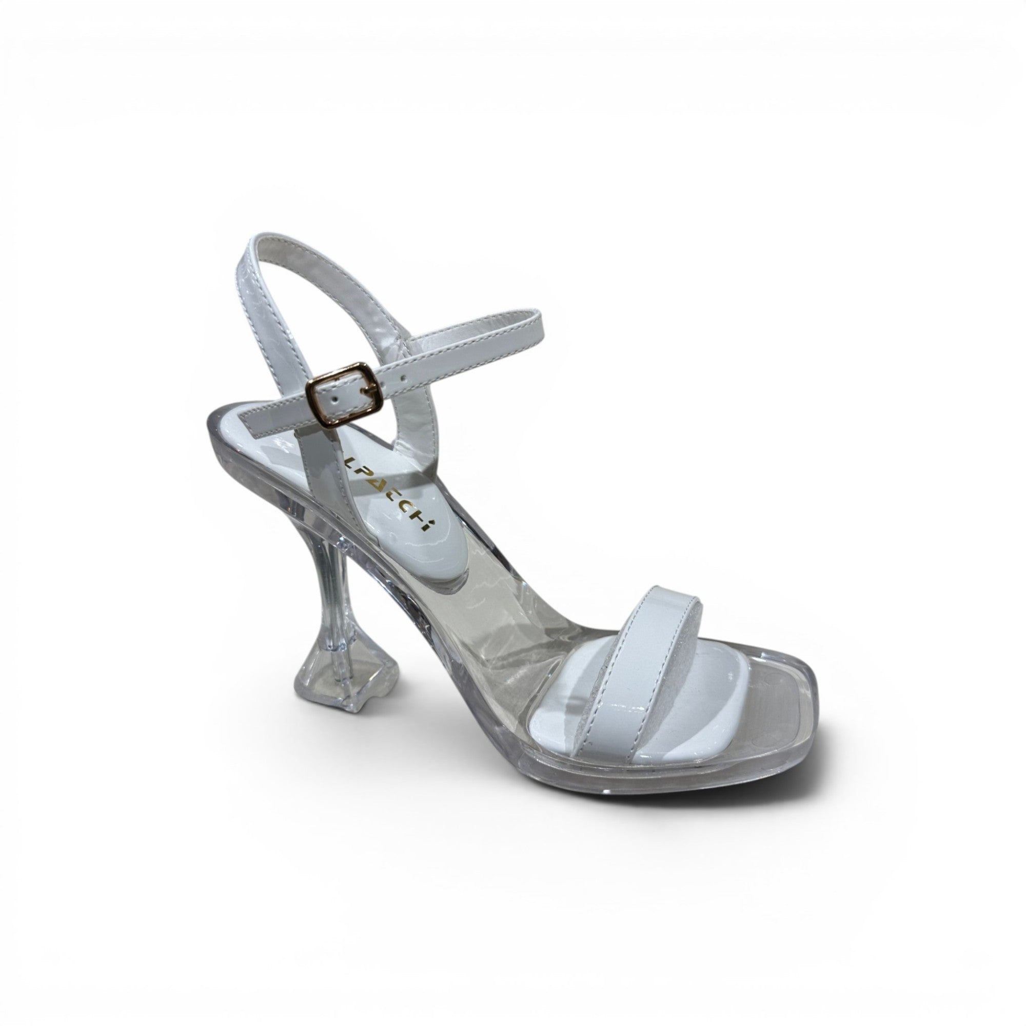 COC Store white patent leather strappy sculptural heel sandals with square toe and transparent detailing.