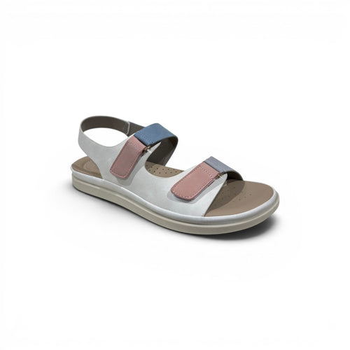 COC Store white women's sandals with pink and blue adjustable hook-and-loop straps and cushioned footbed.