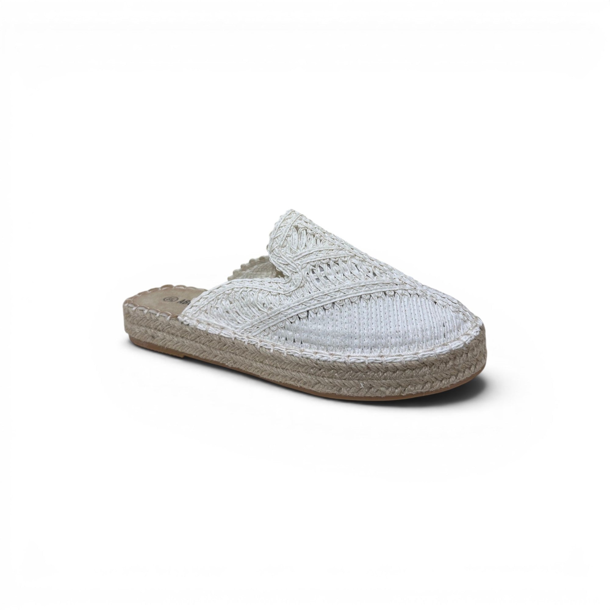 COC Store white woven espadrille mule with floral pattern and jute sole