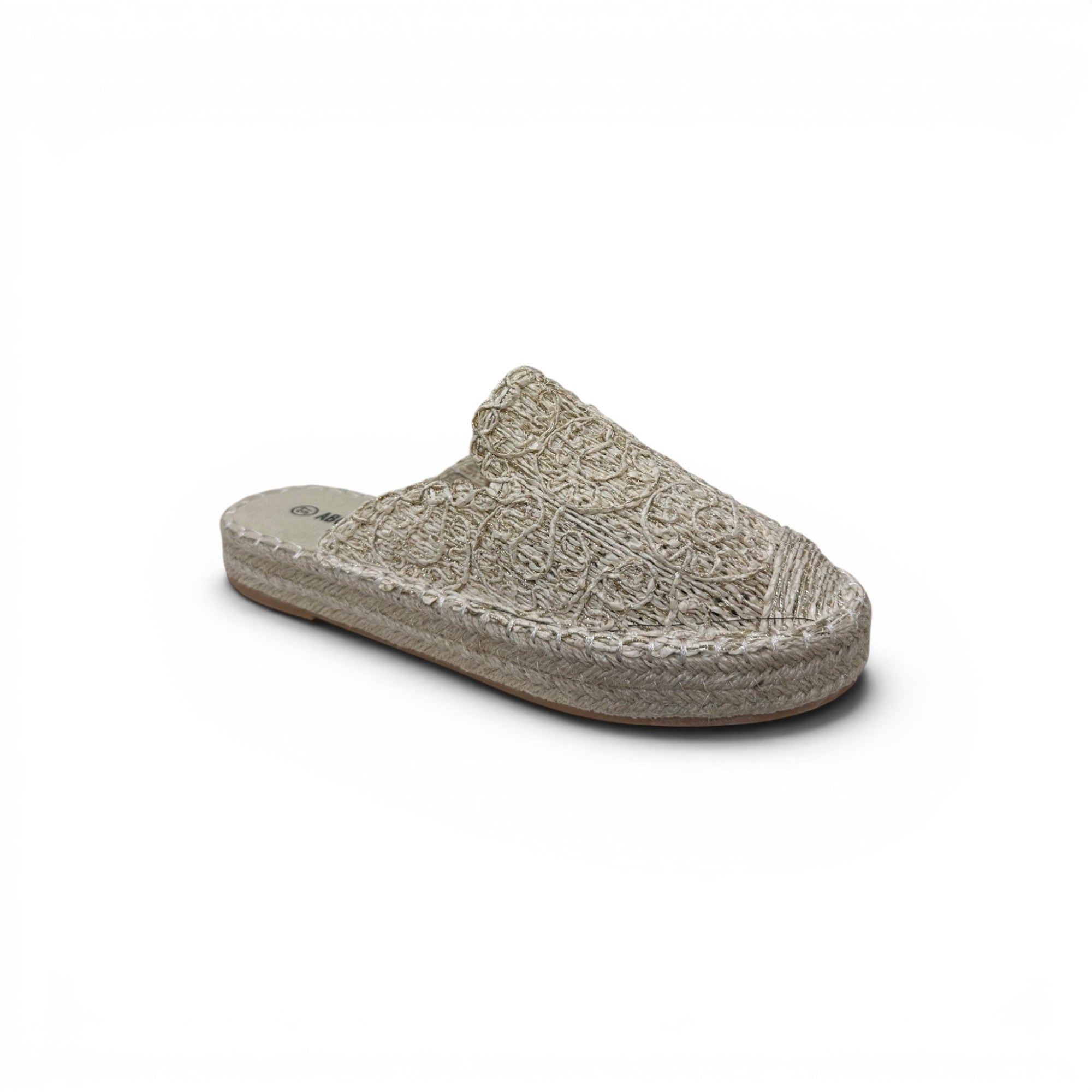 COC Store neutral woven espadrille mule with intricate floral pattern and jute-wrapped sole.