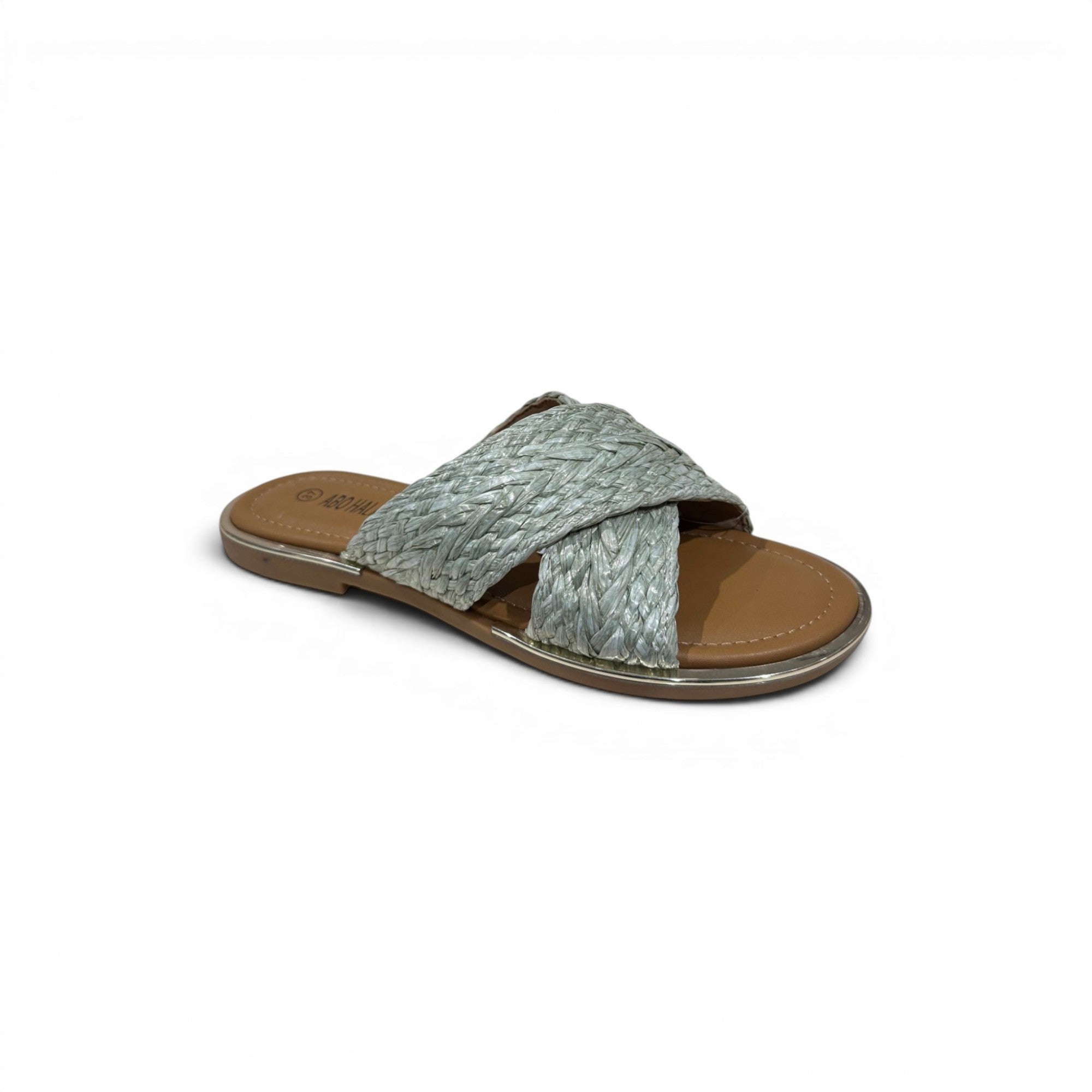 COC Store mint green woven strap slide sandals with criss-cross design and open toe.