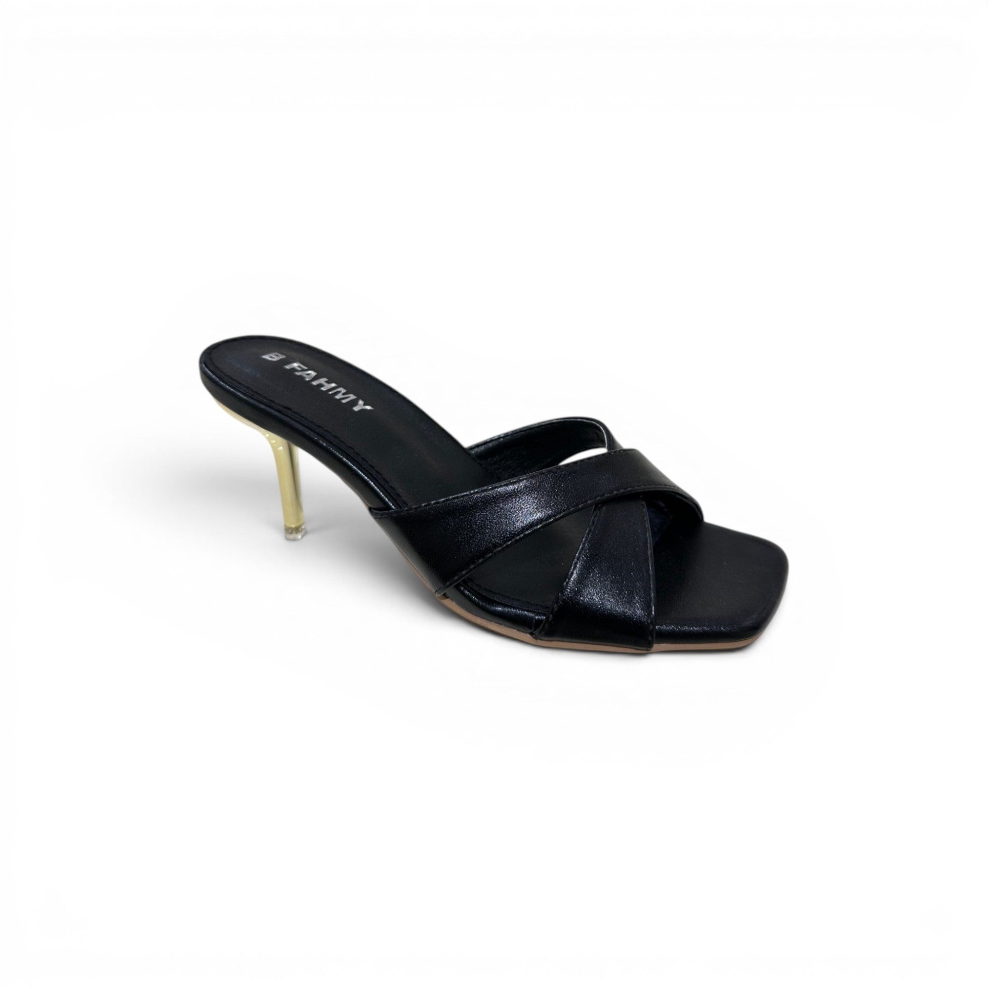 COC Store black heeled mule sandal with criss-cross straps and square toe.