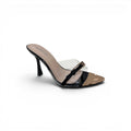COC Store clear strap stiletto mules with pointed toe and gold accent. Black synthetic material.