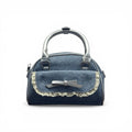 COC Store blue denim handbag with silver bow, lace trim, and silver handles. Perfect for everyday.