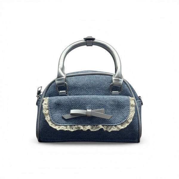 COC Store blue denim handbag with silver bow, lace trim, and silver handles. Perfect for everyday.