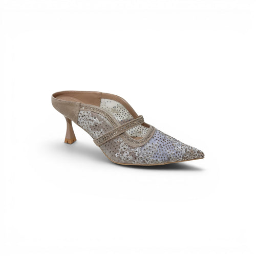 COC Store embellished mesh pointed toe mule heels with delicate strap detail and kitten heel. Features intricate beadwork and sparkling embellishments.