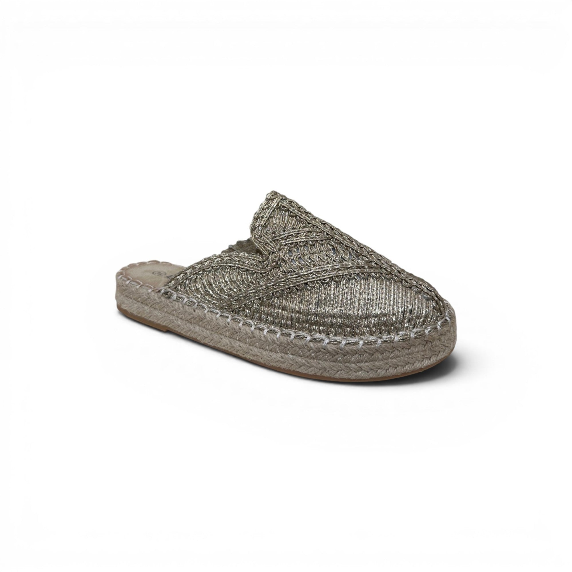 COC Store neutral woven espadrille mule with jute sole and intricate floral pattern