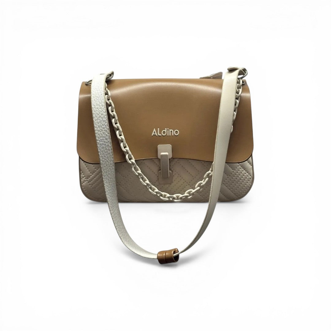 COC Store two-tone tan and cream faux leather quilted shoulder bag with chain strap and clasp closure.