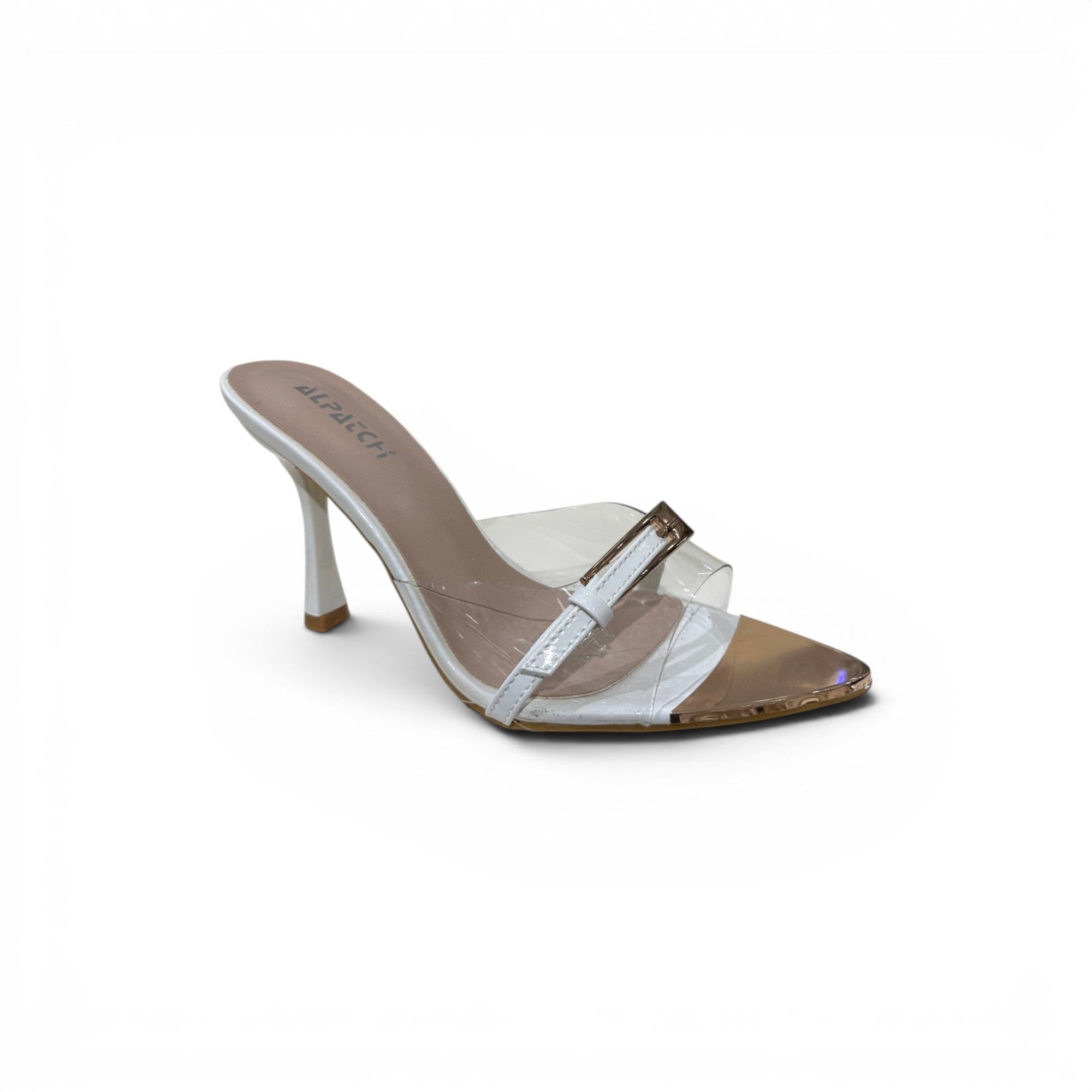 COC Store white stiletto mules with clear straps and pointed toe. Modern, minimalist design with a sleek heel.